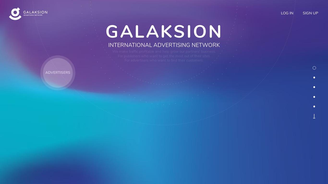 Galaksion is an international advertising network that helps publishers maximize their sites and advertisers find their customers. They offer various ad formats and secure traffic from credible websites, with a focus on Asian countries and a growth rate of over 400%. Their team is dedicated to the success of their partners.